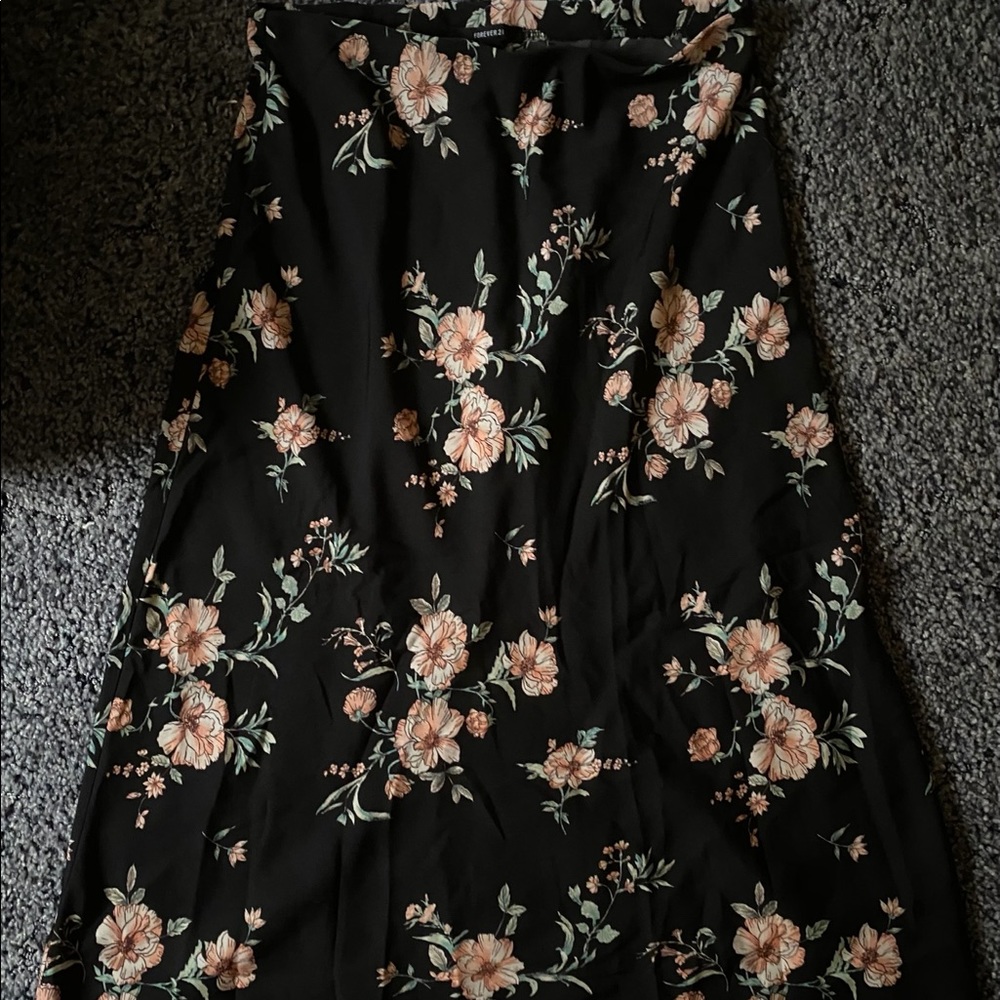Forever21 Black Floral Silk Midi Skirt